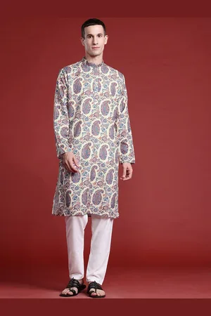 MANQ Paisley Printed Mandarin Collar Pure Cotton Straight Kurta