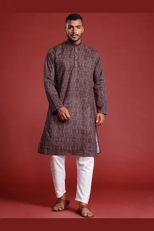MANQ Floral Printed Mandarin Collar Long Sleeves Pure Cotton Straight Kurta
