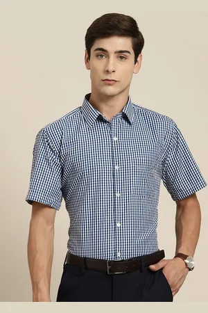 HANCOCK Men New Spread Collar Gingham Checked Slim Fit Formal Shirt