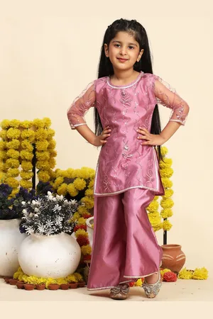 Cutiekins Girls Floral Embroidered Sequinned Straight Kurta With Palazzos