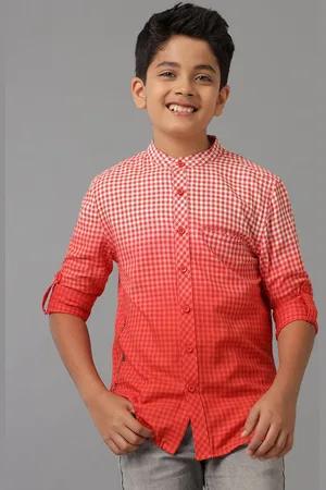 UNDER FOURTEEN ONLY Boys Band Collar Micro Checked Cotton Casual Shirt
