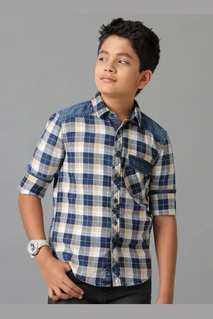 UNDER FOURTEEN ONLY Boys Spread Collar Checked Cotton Casual Shirt