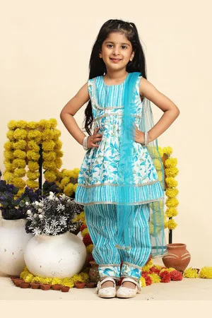 Cutiekins Girls Floral Printed Gotta Patti Pure Cotton Kurta with Salwar & Dupatta