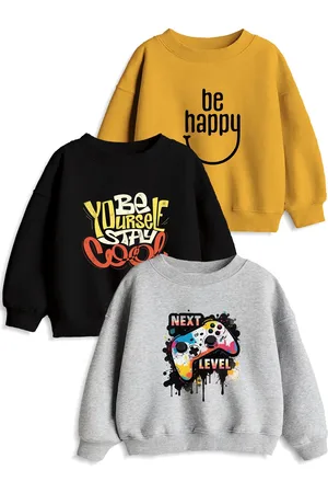Minicult Unisex Kids Pack Of 3 Typography Printed Round Neck Cotton Pullover Sweatshirts