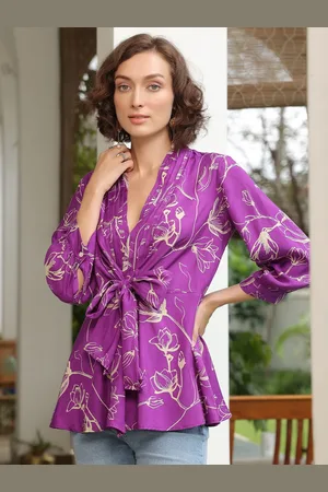 JISORA Women Floral Printed V-Neck Pure Silk Top