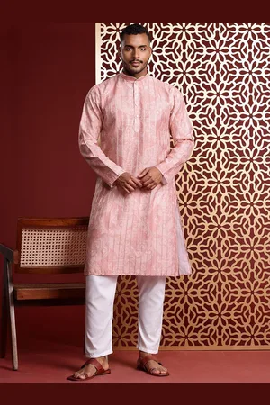 MANQ Ethnic Motifs Printed Zari Work Mandarin Collar Pure Cotton Straight Kurta