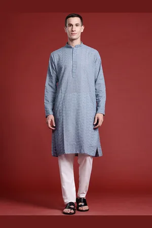 MANQ Floral Embroidered Thread Work Mandarin Collar Pure Cotton Straight Kurta