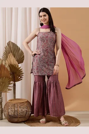 indo street Women Paisley Printed Regular Silk Crepe Kurti with Sharara & With Dupatta