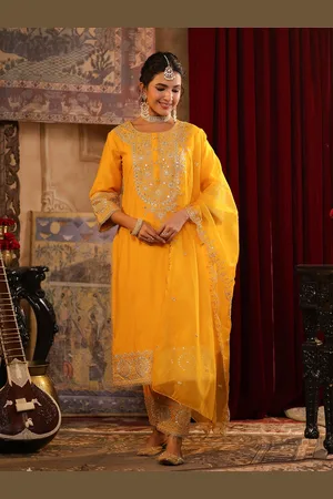 SCAKHI Floral Embroidered Sequinned Chanderi Silk Straight Kurta with Trousers & Dupatta