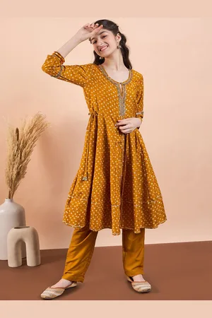 Stylo Bug Girls Bandhani Printed Empire Gotta Patti Kurti with Pyjamas