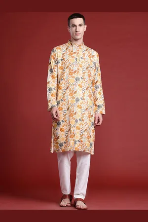 MANQ Floral Printed Mandarin Collar Pure Cotton Straight Kurta