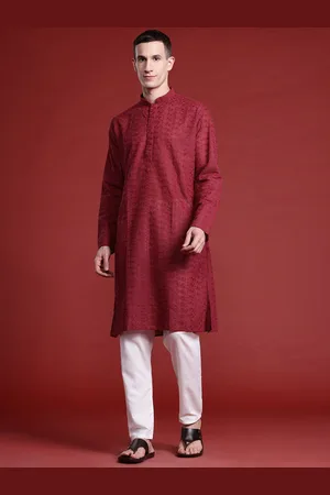 MANQ Floral Embroidered Thread Work Mandarin Collar Pure Cotton Straight Kurta