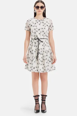Kazo Floral Print Satin Fit & Flare Dress With Belt