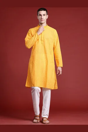 MANQ Floral Embroidered Thread Work Mandarin Collar Pure Cotton Straight Kurta