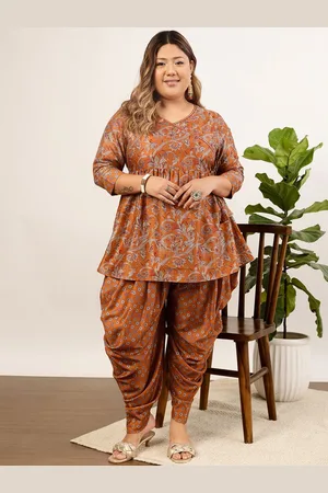 indo street Women Floral Printed Angrakha Sequinned Kurti with Dhoti Pants