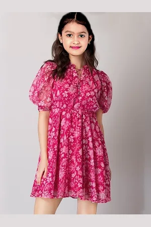 BAESD Girls Floral Printed Tie-up Neck Puff Sleeve Fit & Flare Above Neck Dress