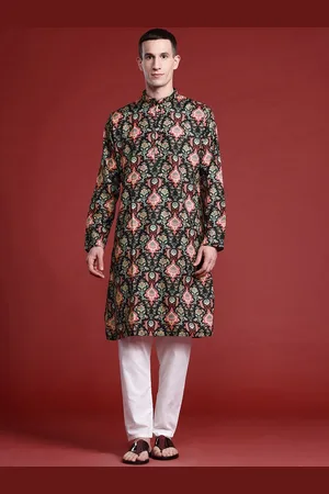 MANQ Ethnic Motifs Printed Mandarin Collar Pure Cotton Straight Kurta