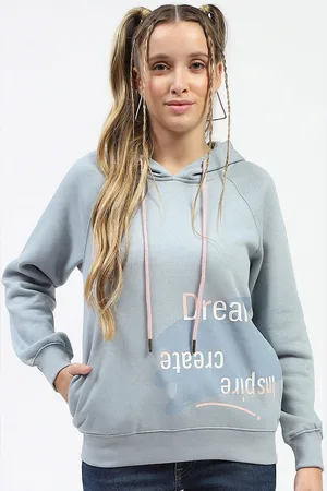 MADAME Women Typography Printed Hood Cotton Pullover Sweatshirt