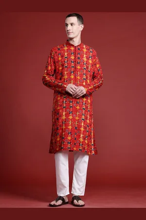 MANQ Bandhani Printed Mandarin Collar Pure Cotton Straight Kurta
