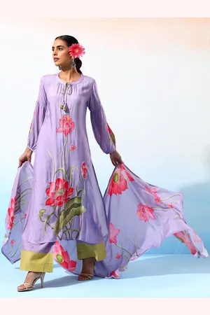 Bani Women Floral Printed Sequinned Straight Pure Silk Kurta With Palazzos & Dupatta
