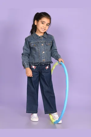 Superminis Girls Spread Collar Washed Frayed Hem Denim Jacket
