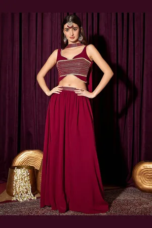 indo street Embroidered Sleeveless Crop Top & Skirt With Dupatta Co-Ords