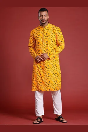 MANQ Bandhani Printed Mandarin Collar Pure Cotton Straight Kurta