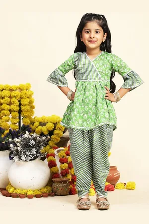 Cutiekins Girls Ethnic Motifs Printed Angrakha A-Line Kurta With Dhoti Pants