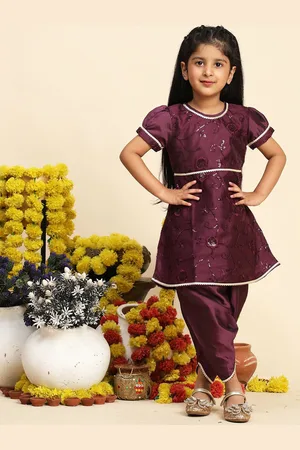 Cutiekins Girls Floral Embroidered Sequinned A-Line Kurta With Dhoti Pants
