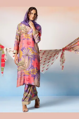 Bani Women Floral Printed Pure Silk Pakistani Style Kurta With Palazzos & Dupatta
