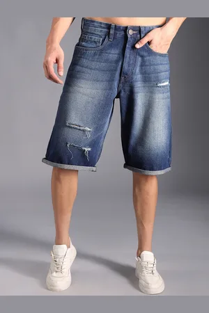 High Star Men Washed Mid-Rise Distressed Cotton Boyfriend Denim Shorts