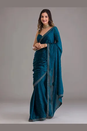Trendmalls Embellished Beads and Stones Pure Chiffon Saree