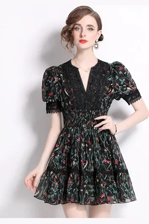 JC Collection Women Floral Print Puff Sleeve Fit & Flare Mini Dress