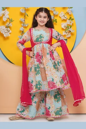Bhama Girls Floral Printed Regular Gotta Patti Kurta with Sharara & With Dupatta