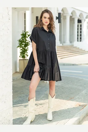 JC Mode Women Solid Short Roll-Up Sleeves Above Knee Shirt Dress