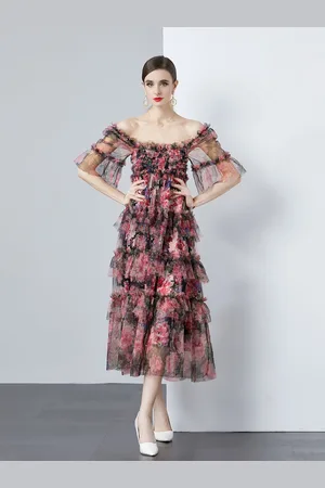 JC Collection Women Floral Print Off-Shoulder Flutter Sleeve Fit & Flare Midi Dress