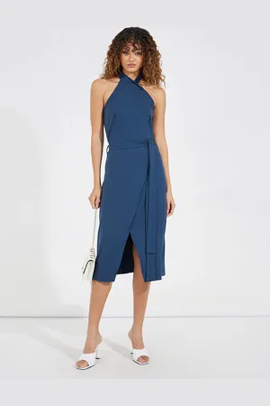 Styli Blue Halter Neck Wrap Midi Dress