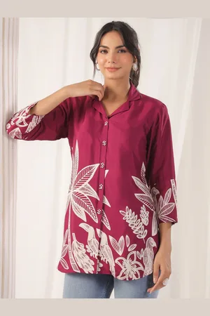 JISORA Women Floral Printed Cuban Collar Pure Silk Top