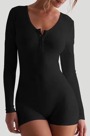 LULU & SKY Women Half Placket V-Neck Rib-knit Playsuit