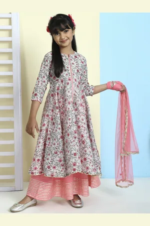 Biba Girls Floral Printed High Slit Gotta Patti Kurta with Palazzos & Dupatta
