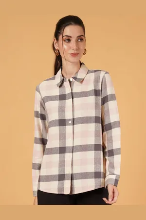 IX IMPRESSION Women Pink & Gray Checked Button-Down Flannel Shirt Style Collared Top