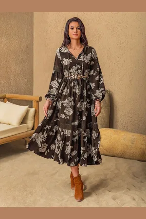 JC Mode Women Floral Printed V-neck Puff Sleeve Fit & Flare Midi Dress