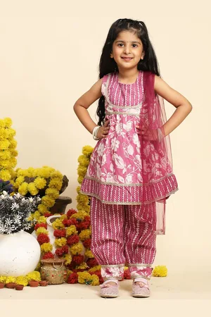 Cutiekins Girls Floral Printed Empire Gotta Patti A-Line Kurta With Salwar & Dupatta