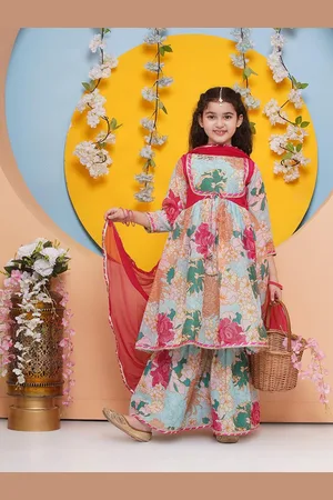 Bhama Girls Floral Printed Regular Gotta Patti Kurta with Sharara & With Dupatta