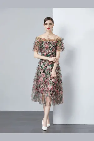 JC Collection Women Floral Print Off-Shoulder Flutter Sleeve Fit & Flare Midi Dress