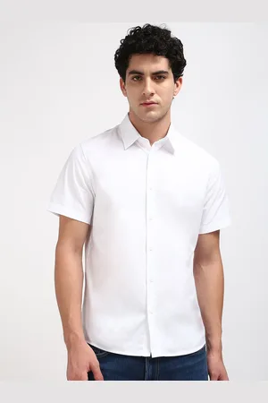 Calvin Klein Men Spread Collar Solid Cotton Casual Shirt