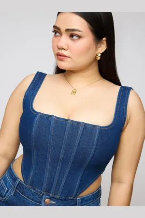 FREAKINS Women Plus Size Denim Corset Pure Cotton Crop Top