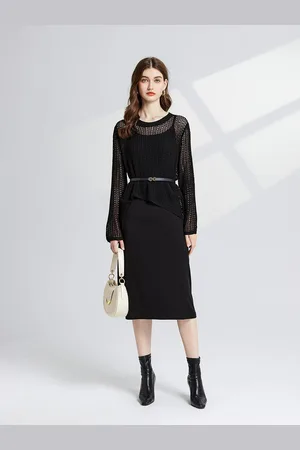 JC Collection Women Round Neck Long Sleeve Sheath Midi Dress