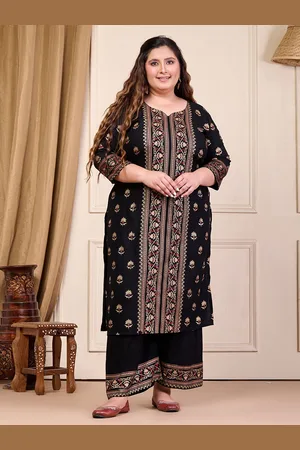 DesiNoor Plus Size Floral Embroidered Straight Kurta With Palazzo