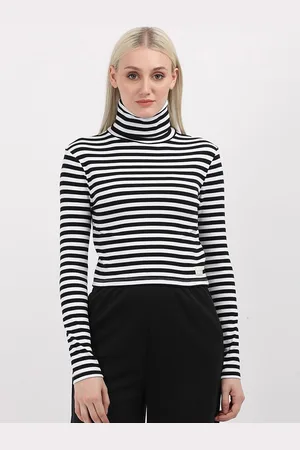 Calvin Klein Women Striped Turtle Neck Cotton Slim Fit T-Shirt
